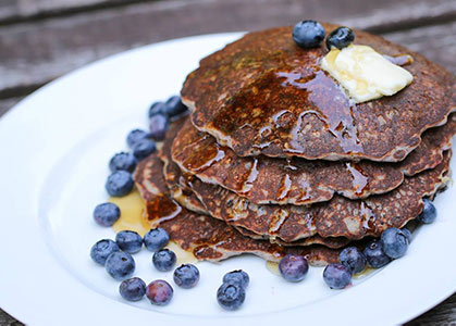 a healthy, hearty organic breakfast fresh-milled organic whole grain pancakes, farm to table in TX