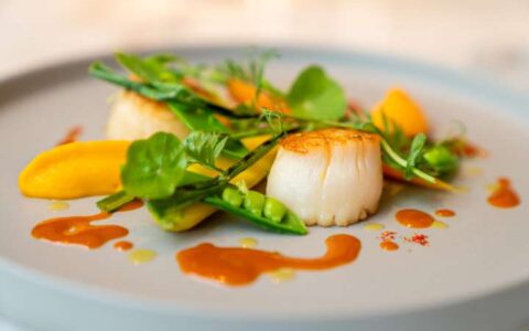 healthy sustainable scallops with organic microgreens and seasonal vegetables at Le Jardinier healthy Houston restaurant