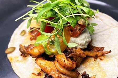 Barbacoa mushroom tacos at LIORA, 100% plant-based restaurant in Baltimore, MD