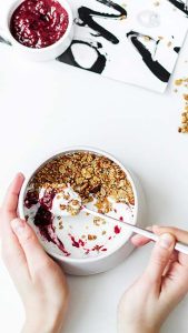 high protein, no fuss amaranth, flaxseed, and nut cereal with fresh yogurt and all-natural berry compote, great for snack or breakfast